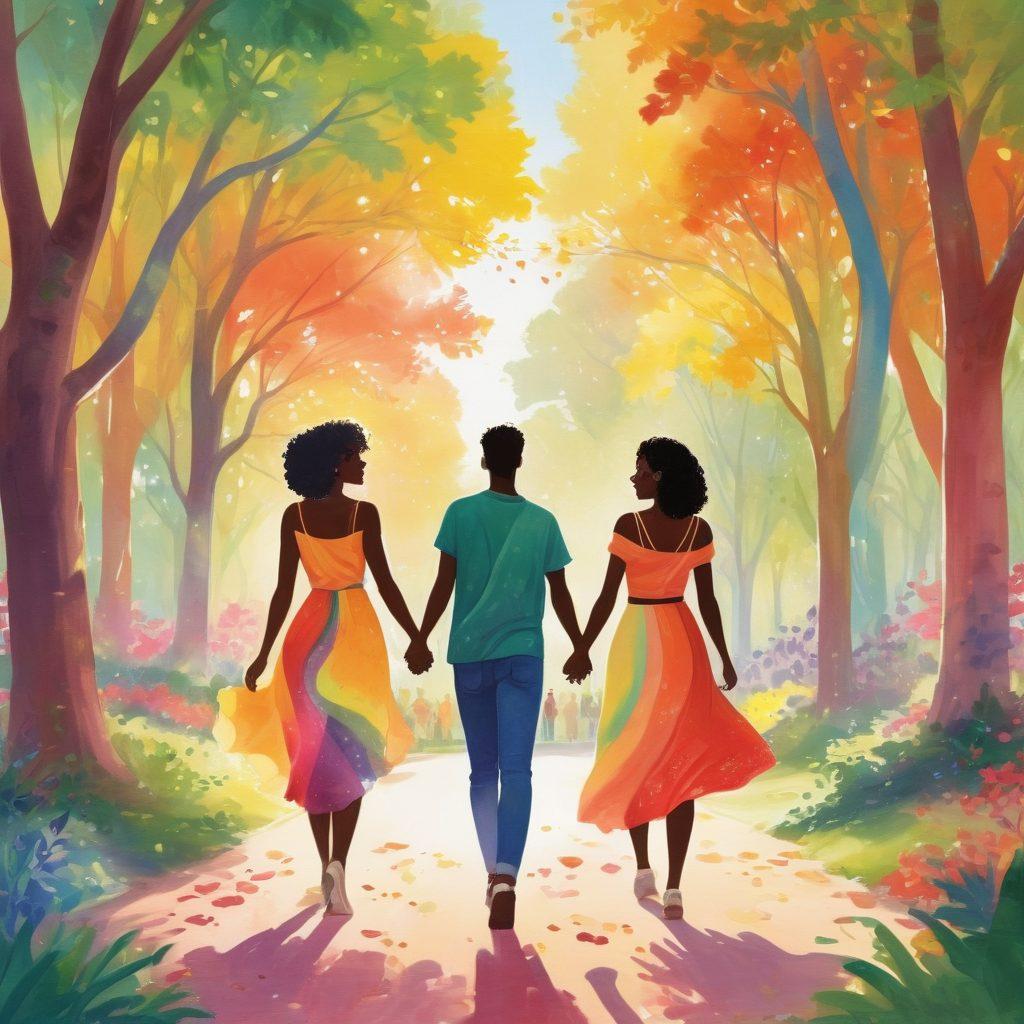 A colorful community gathering in a park, featuring diverse couples of various gender identities and ethnicities joyfully interacting: holding hands, dancing, and sharing laughter. Background of vibrant banners displaying love and acceptance themes. Soft sunlight filters through trees, creating a warm and inviting atmosphere. Illustrate inclusivity and support with symbols of pride like rainbows and hearts. bright colors. painting.