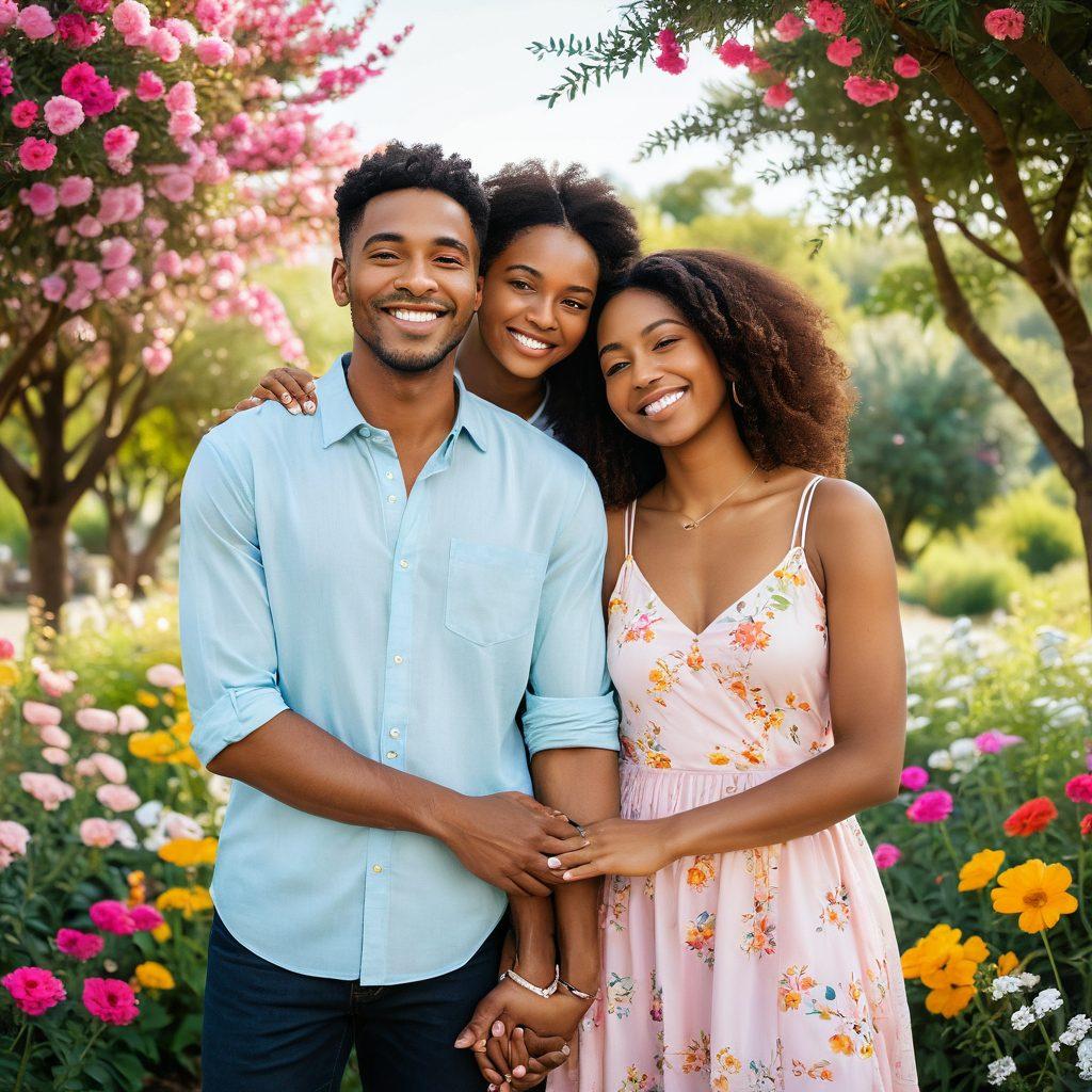 A warm scene depicting two friends transitioning to lovers, surrounded by vibrant nature, holding hands, laughter in their eyes. Include diverse characters to represent inclusivity, with colorful flowers blooming around them symbolizing growth in their relationship. The background has soft pastel colors, creating a serene atmosphere. super-realistic. vibrant colors. soft focus.