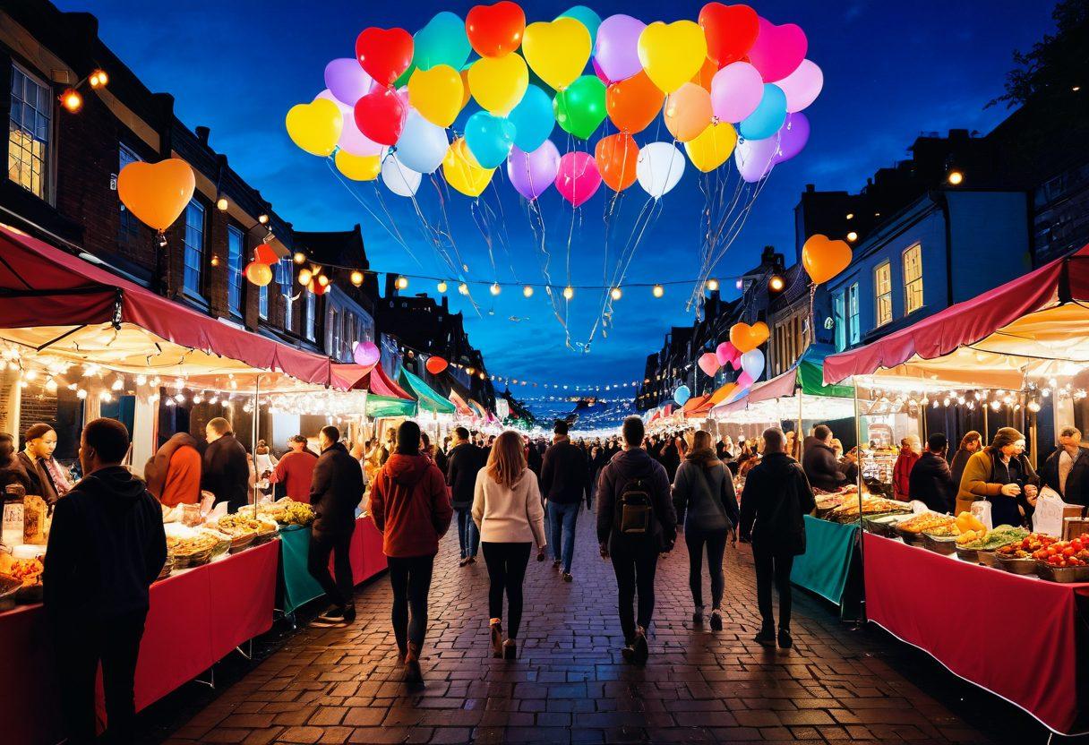 A colorful cityscape backdrop featuring diverse couples, two of them being shemalex, enjoying a lively street fair with food stalls and games. The atmosphere is filled with joy and connection, highlighting themes of love and inclusivity. Include elements like fairy lights and heart-shaped balloons to enhance the romantic vibe. vibrant colors. super-realistic.